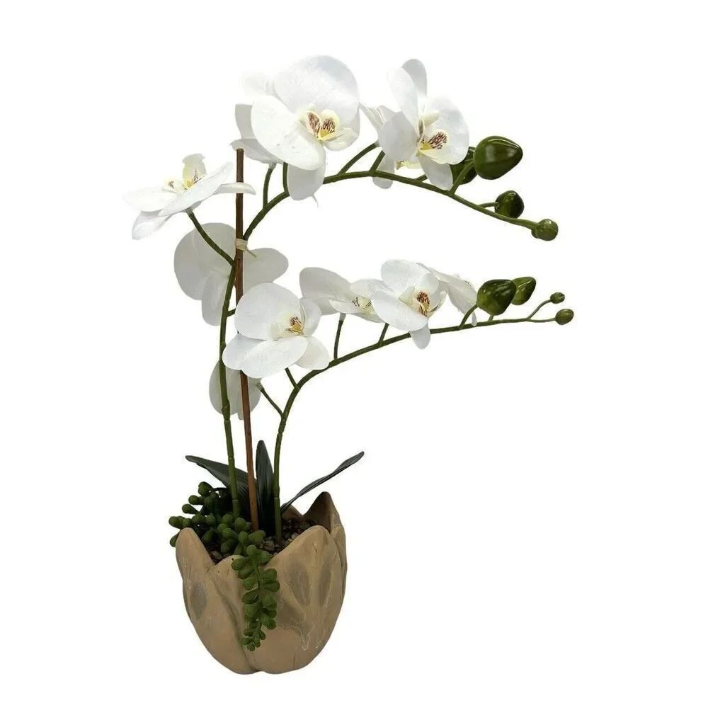 New Faux White 15 Inch Orchid In Ceramic Pot With Artificial Greenery